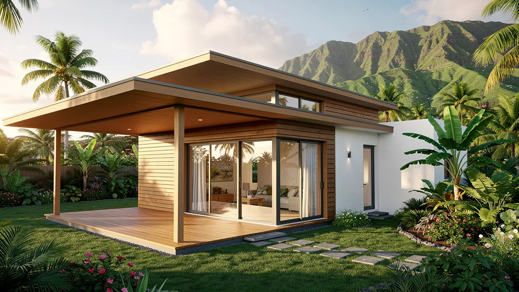 Maison individuelle contemporaine, bardage bois et varangue couverte — conception Perspective B.E.C, La Réunion
