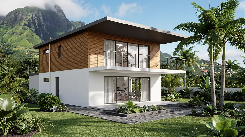 Plan de maison contemporaine à étage, bardage bois — étude de permis de construire, La Réunion